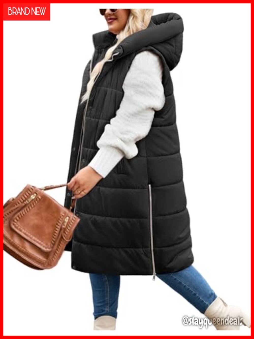 Plus Size Long Puffer Vest with Hood Zip Up Quilted Sleeveless Jacket Winter